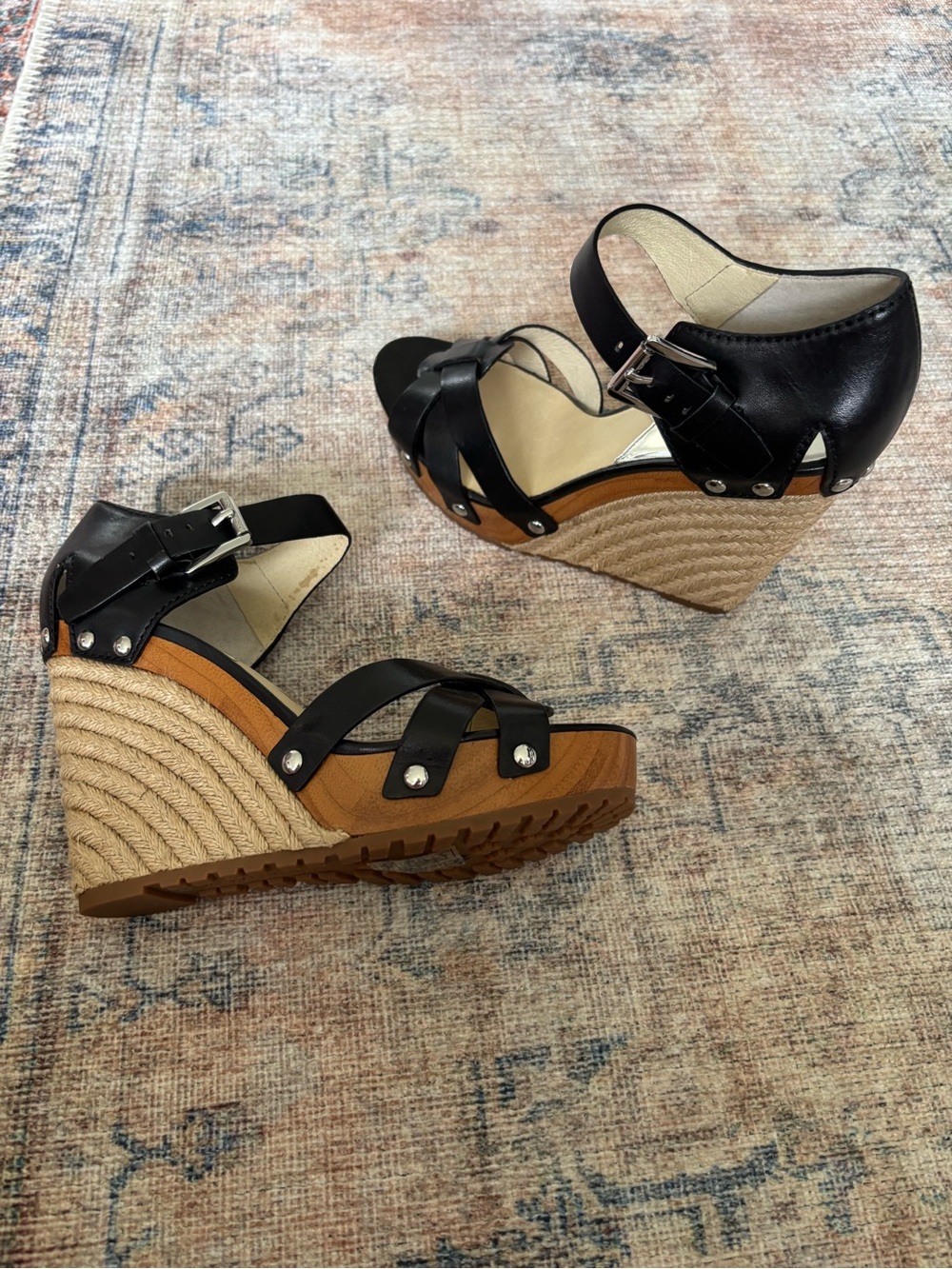 Michael Kors Black Leather Espadrille Wedge Sandals with Buckle - Picture 10 of 15